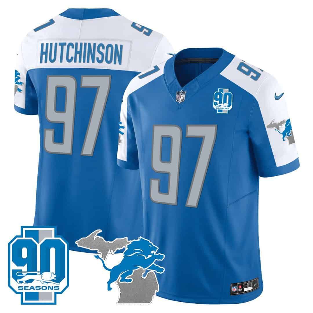 Men Detroit Lions #97 Hutchinson Blue 2024 Nike 90th Year Michigan Patch Vapor NFL Jersey